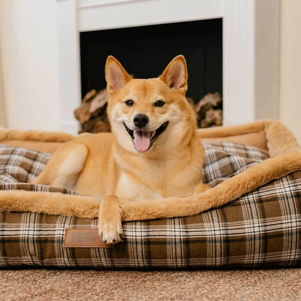 Vintage Chequered Washable Plush Cosy Bolster Dog Bed – TuckNap