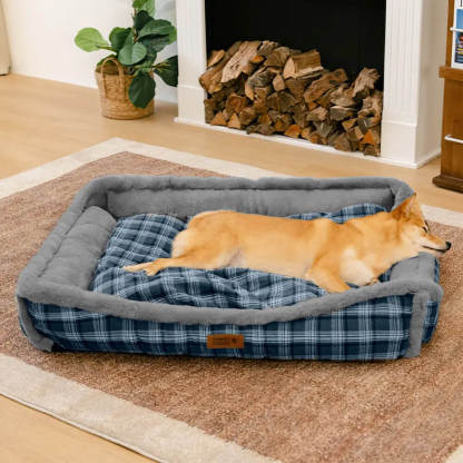 Vintage Chequered Washable Plush Cosy Bolster Dog Bed – TuckNap