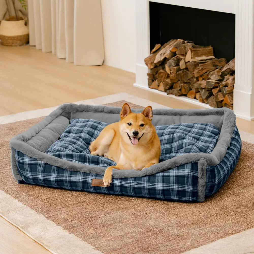 Vintage Chequered Washable Plush Cosy Bolster Dog Bed – TuckNap