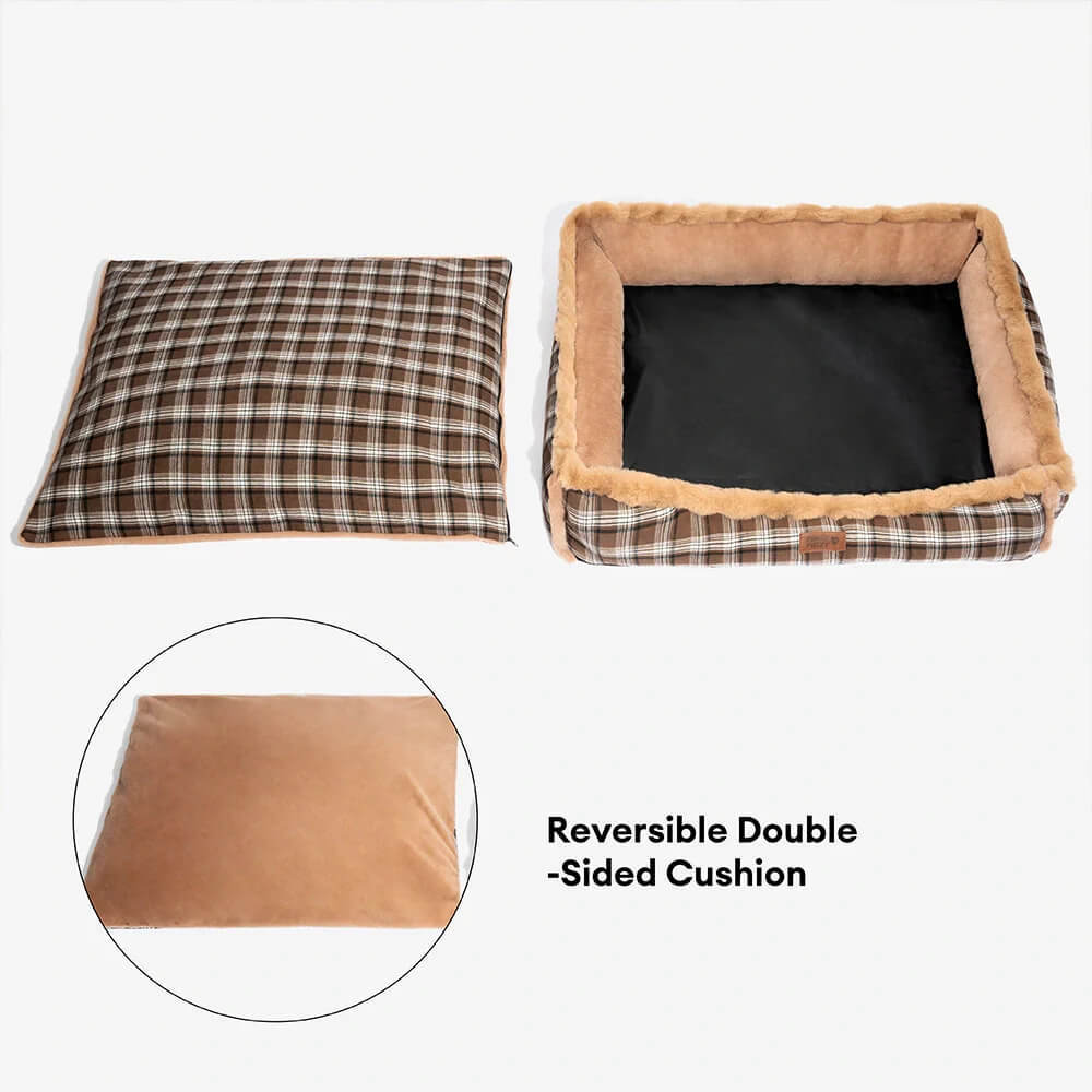 Vintage Chequered Washable Plush Cosy Bolster Dog Bed – TuckNap