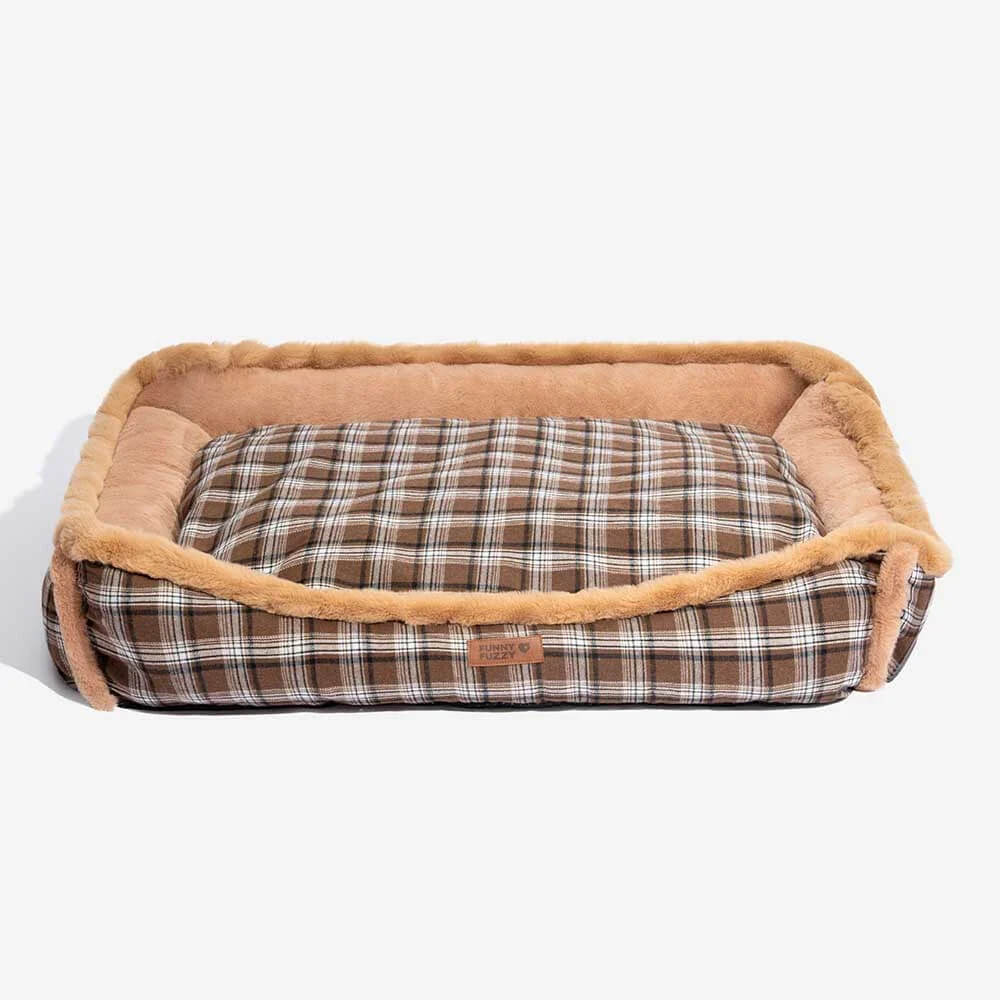 Vintage Chequered Washable Plush Cosy Bolster Dog Bed – TuckNap