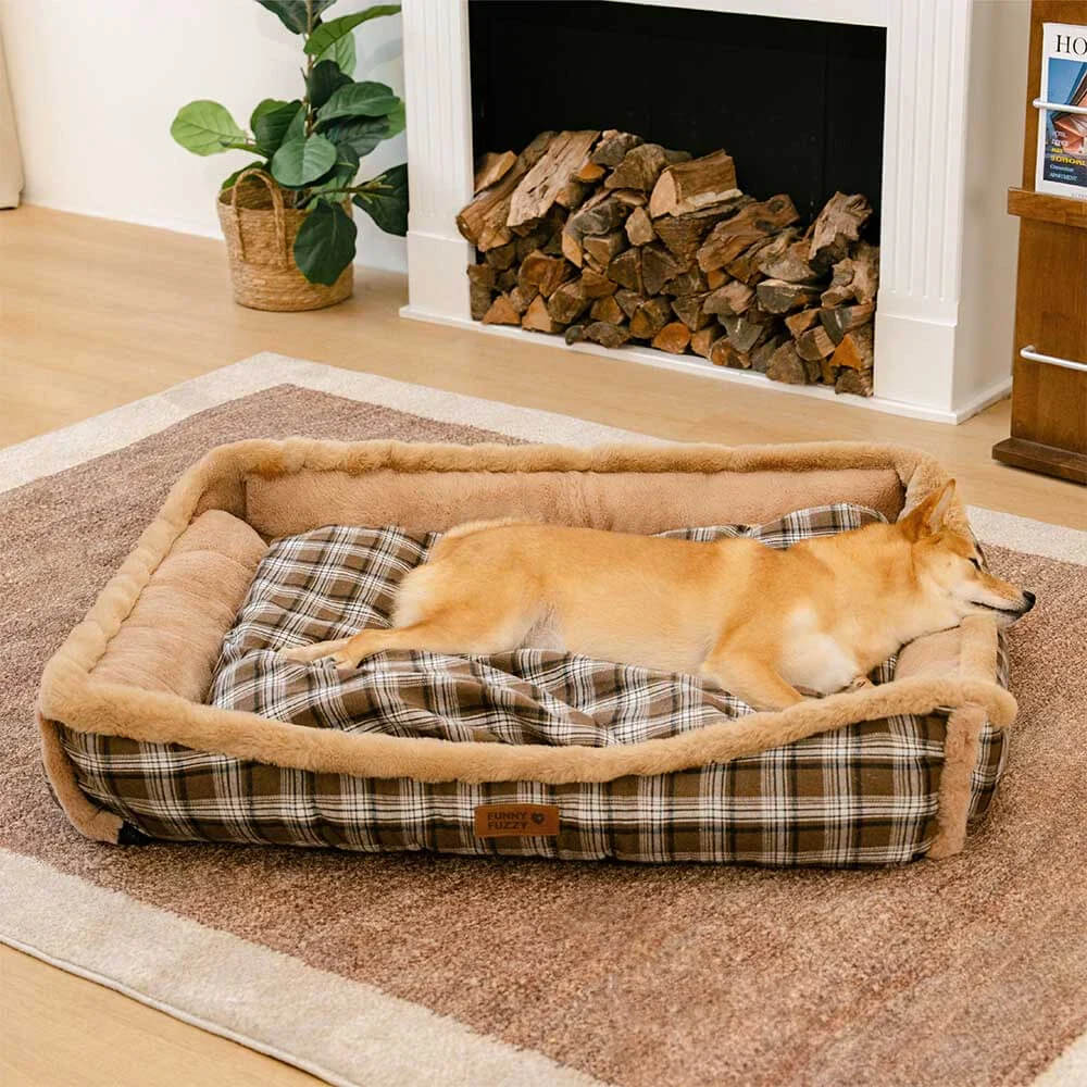 Vintage Chequered Washable Plush Cosy Bolster Dog Bed – TuckNap