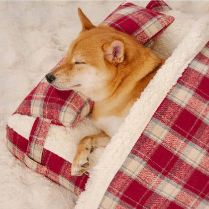 Vintage Plaid Plush Detachable Orthopaedic Dog Bed with Pillow - Puppy Snug
