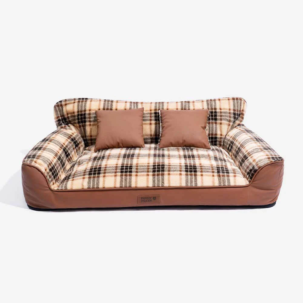 Vintage Plaid Plush Orthopedic Dog Sofa Bed with Pillows - CozyLuxe