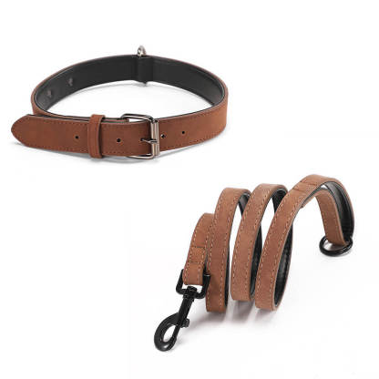 Vintage Faux Leather Soft Neck Protector Dog Collar Lead Set