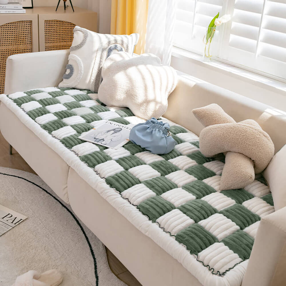 Cream-coloured Large Plaid Square Pet Carpet Bed Sofa Cover-FunnyFuzzyUK