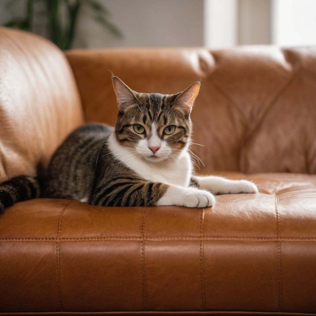 a cat being scratching on a leather sofa