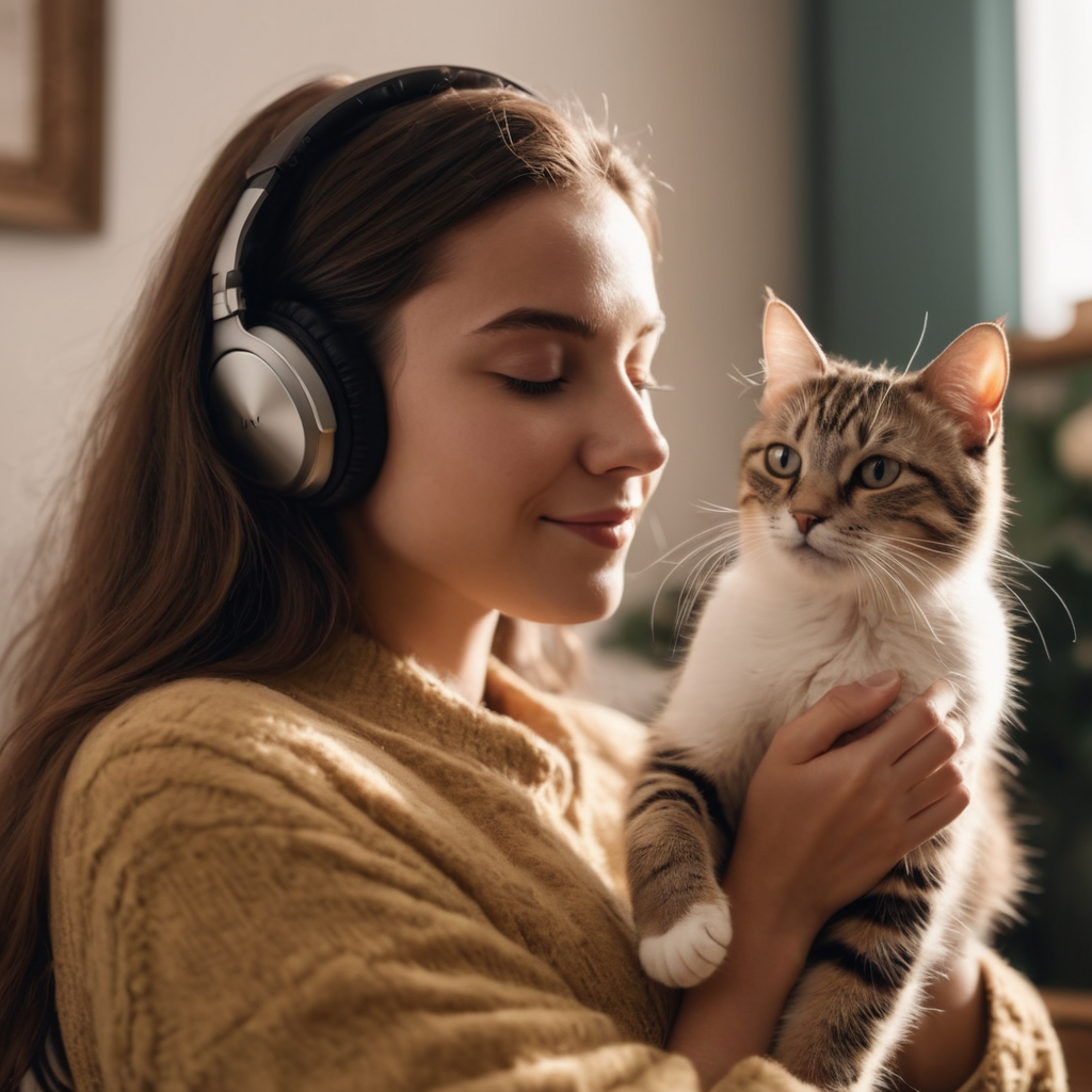 a cat is listening to music with its owner
