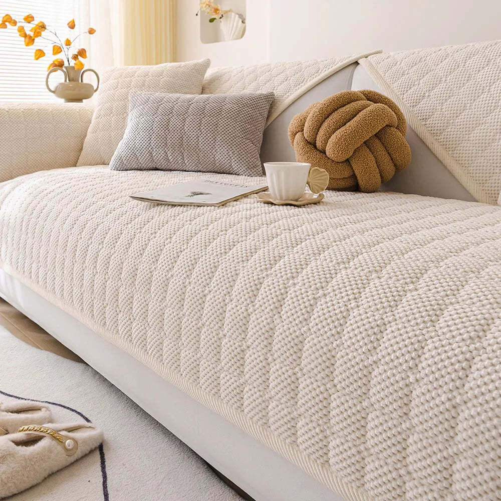 Cosy Quilted Grid Corduroy Thickened Anti-Slip Sofa Cover