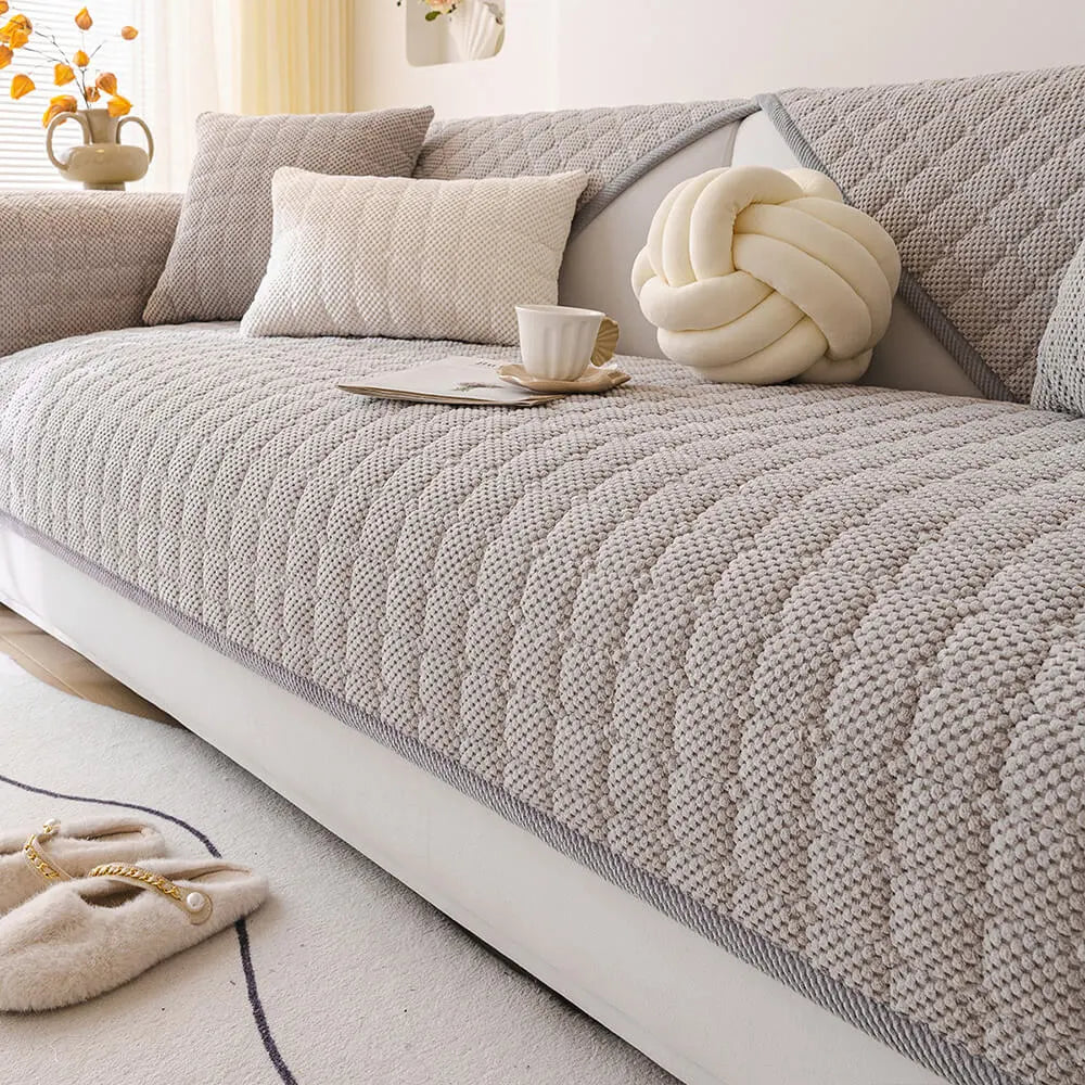 Cosy Quilted Grid Corduroy Thickened Anti-Slip Sofa Cover