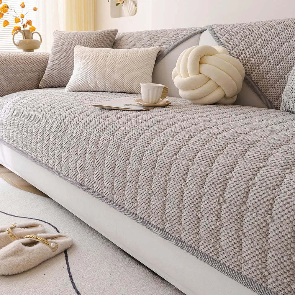 Cosy Quilted Grid Corduroy Thickened Anti-Slip Sofa Cover