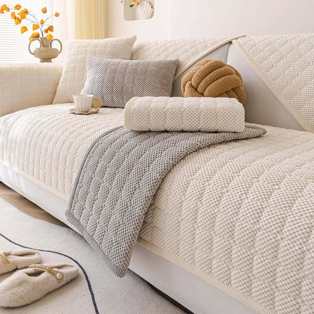 Cosy Quilted Grid Corduroy Thickened Anti-Slip Sofa Cover