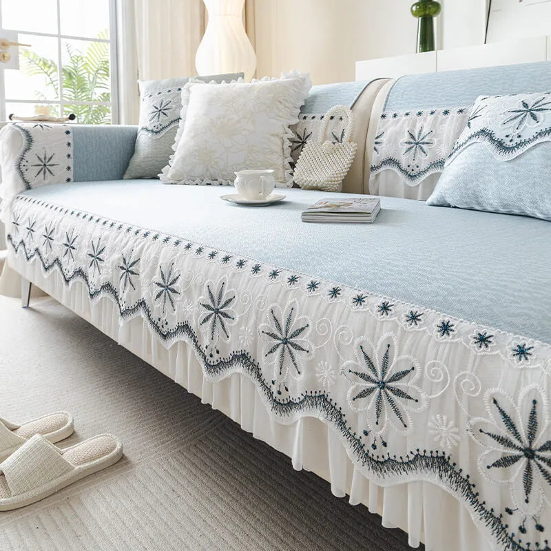 Embroidered Lace Fresh Non-Slip Sofa Cover with Ruffled Trim