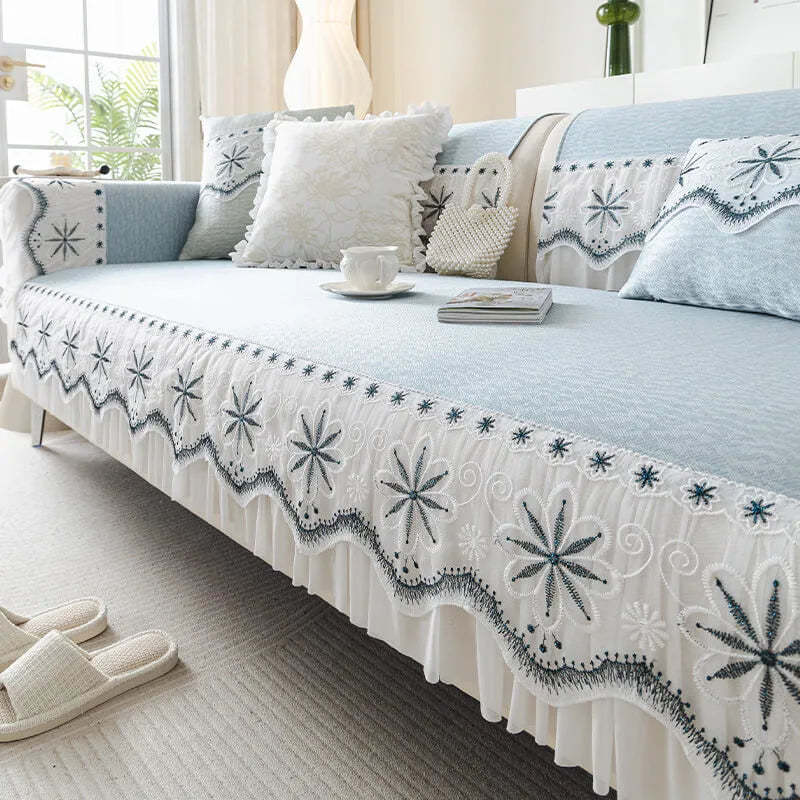 Embroidered Lace Fresh Non-Slip Sofa Cover with Ruffled Trim