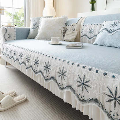 Embroidered Lace Fresh Non-Slip Sofa Cover with Ruffled Trim
