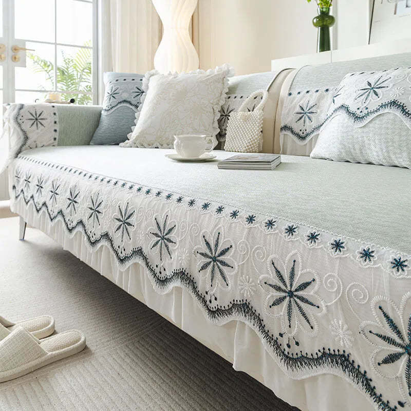 Embroidered Lace Fresh Non-Slip Sofa Cover with Ruffled Trim