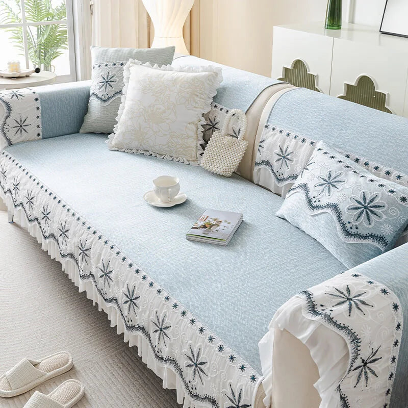 Embroidered Lace Fresh Non-Slip Sofa Cover with Ruffled Trim