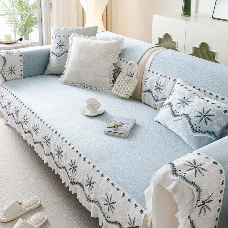 Embroidered Lace Fresh Non-Slip Sofa Cover with Ruffled Trim