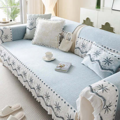 Embroidered Lace Fresh Non-Slip Sofa Cover with Ruffled Trim