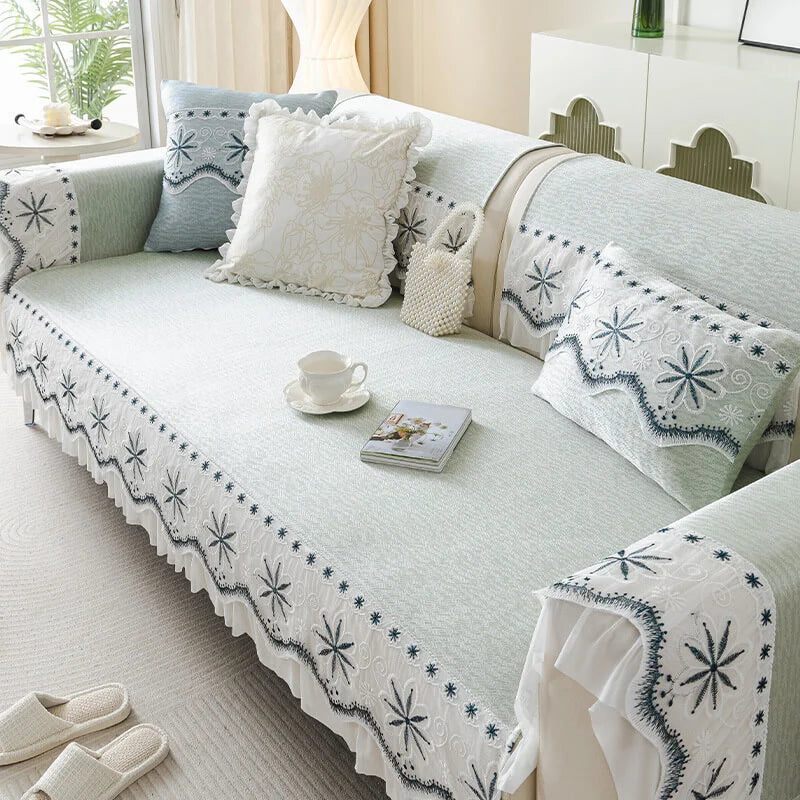 Embroidered Lace Fresh Non-Slip Sofa Cover with Ruffled Trim