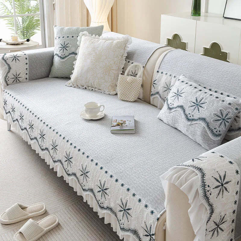 Embroidered Lace Fresh Non-Slip Sofa Cover with Ruffled Trim