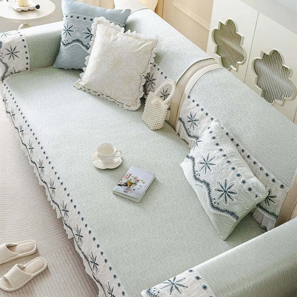 Embroidered Lace Fresh Non-Slip Sofa Cover with Ruffled Trim