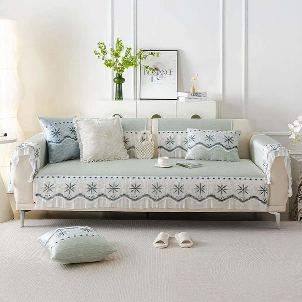 Embroidered Lace Fresh Non-Slip Sofa Cover with Ruffled Trim