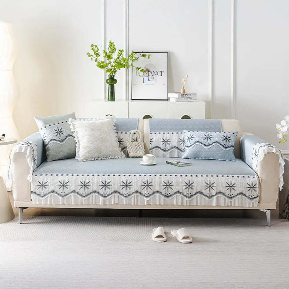 Embroidered Lace Fresh Non-Slip Sofa Cover with Ruffled Trim