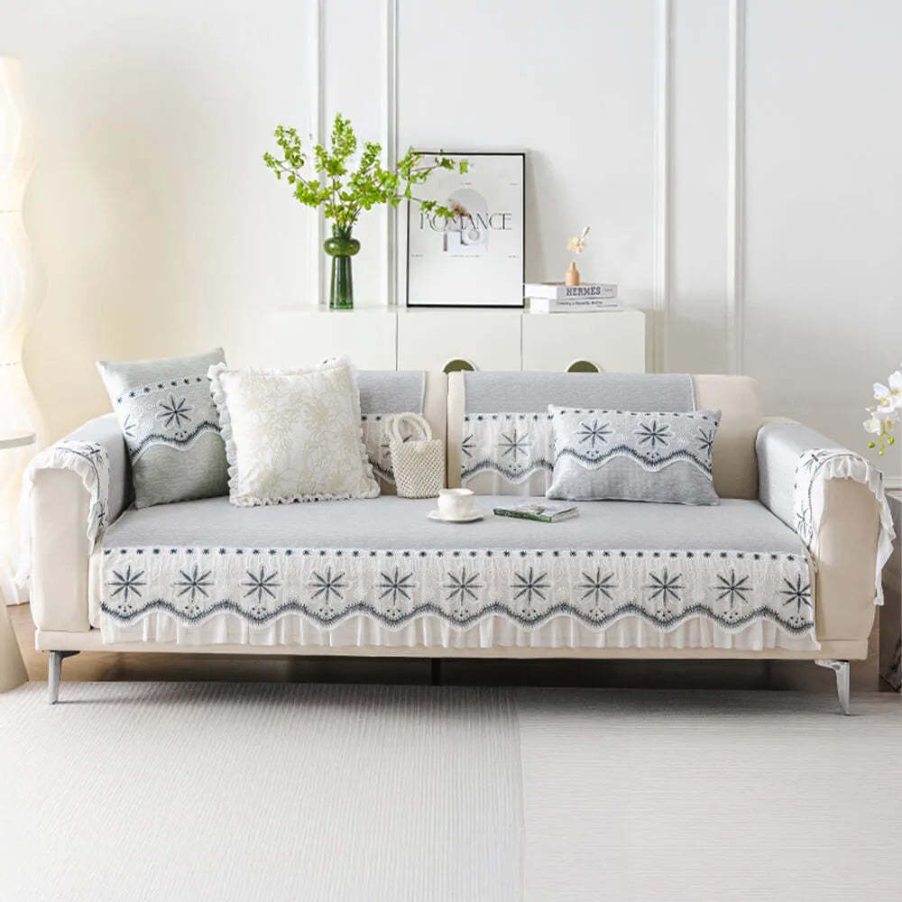 Embroidered Lace Fresh Non-Slip Sofa Cover with Ruffled Trim