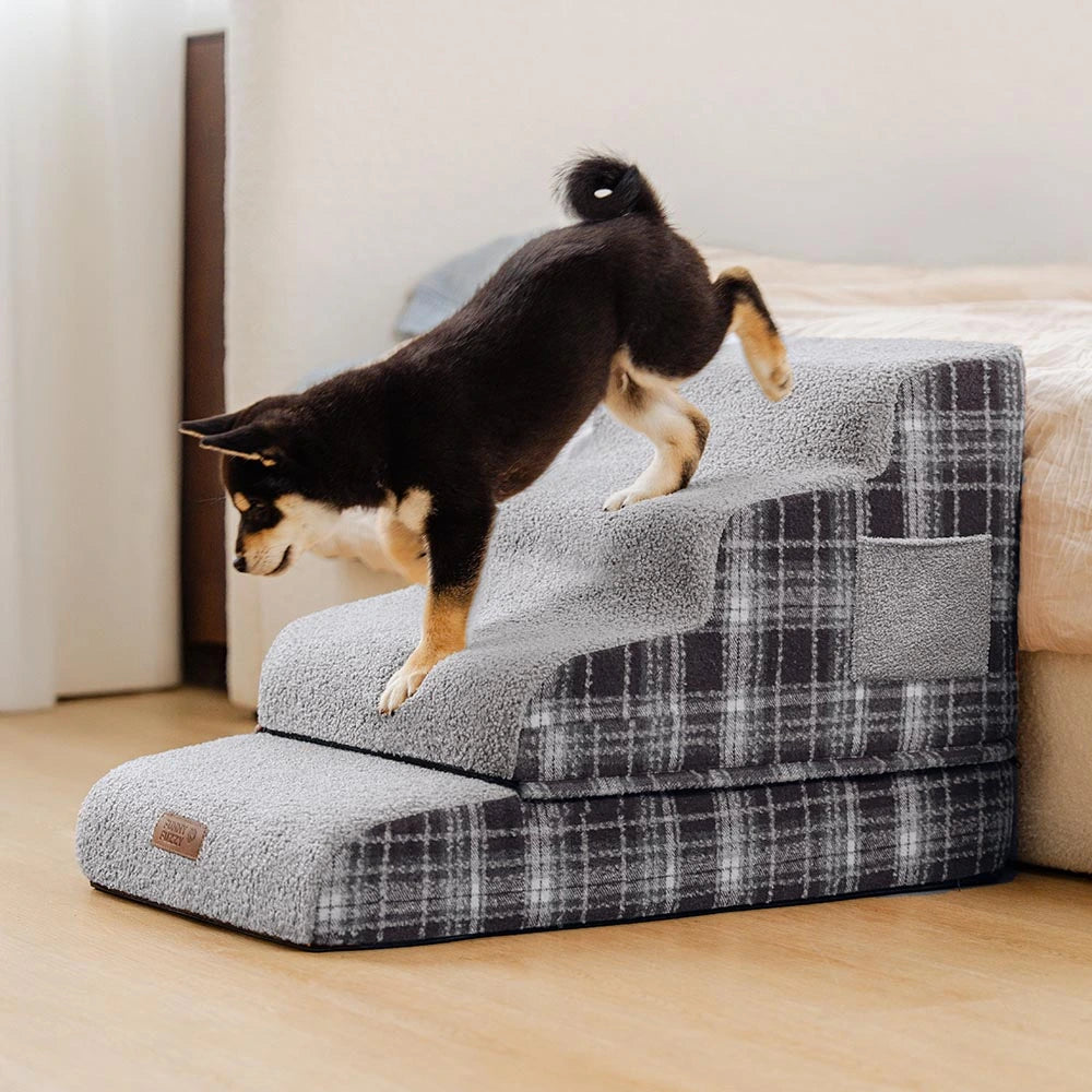 Plush Plaid High-Density Sponge Removable Pet Ramp Steps - ComfyClimb