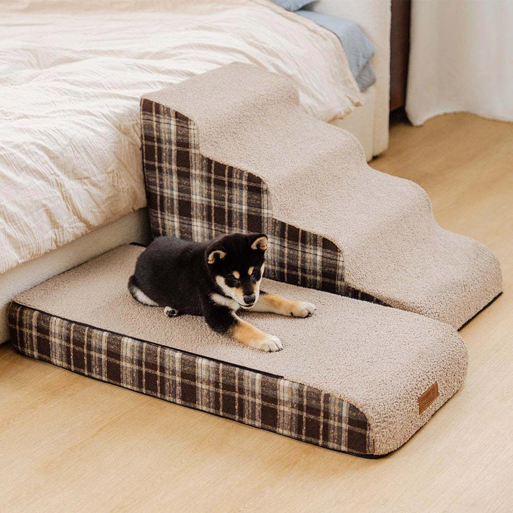 Plush Plaid High-Density Sponge Removable Pet Ramp Steps - ComfyClimb