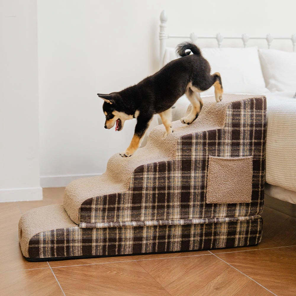 Plush Plaid High-Density Sponge Removable Pet Ramp Steps - ComfyClimb