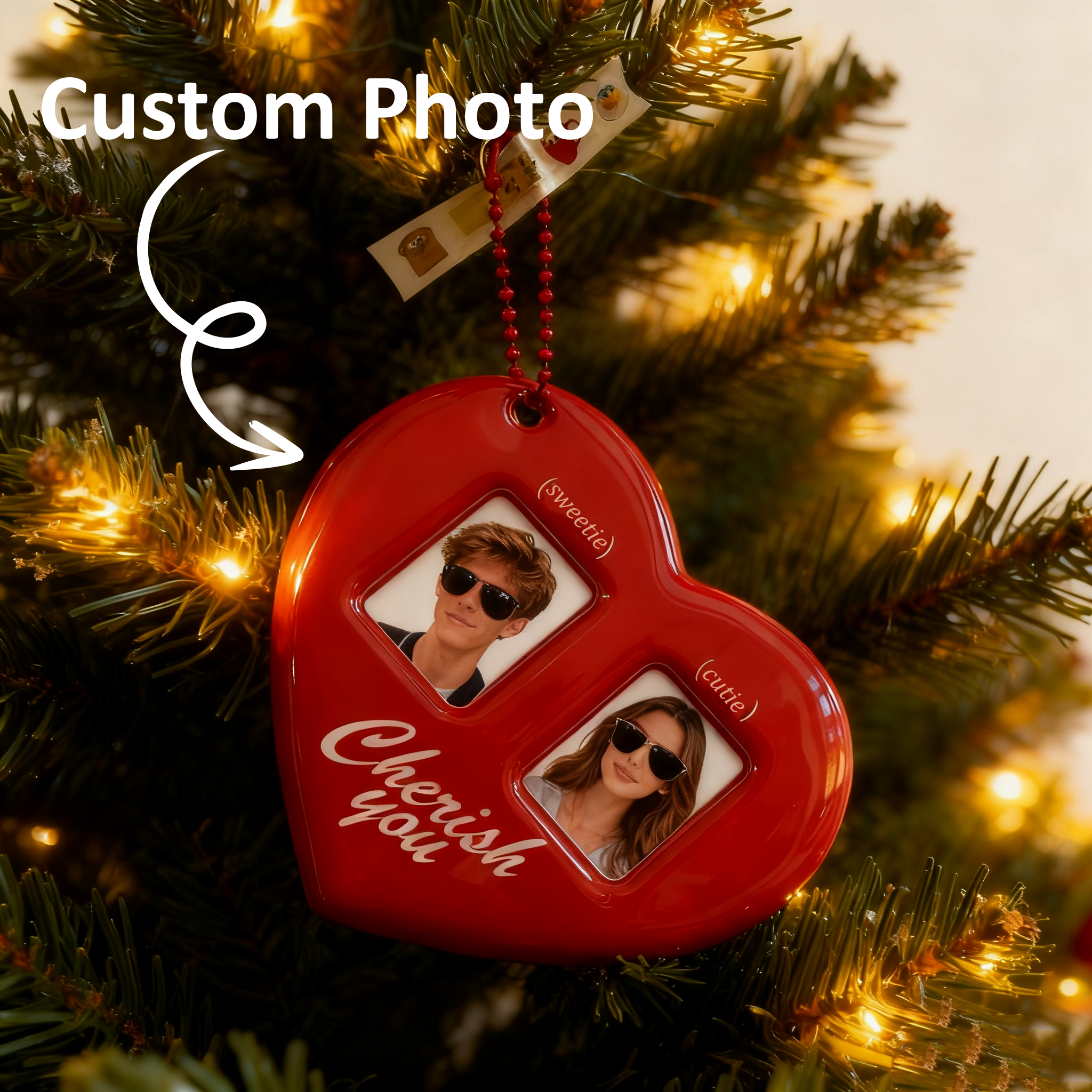 Custom Photo Heart Ornament - Double-Frame Christmas Keychain Charm