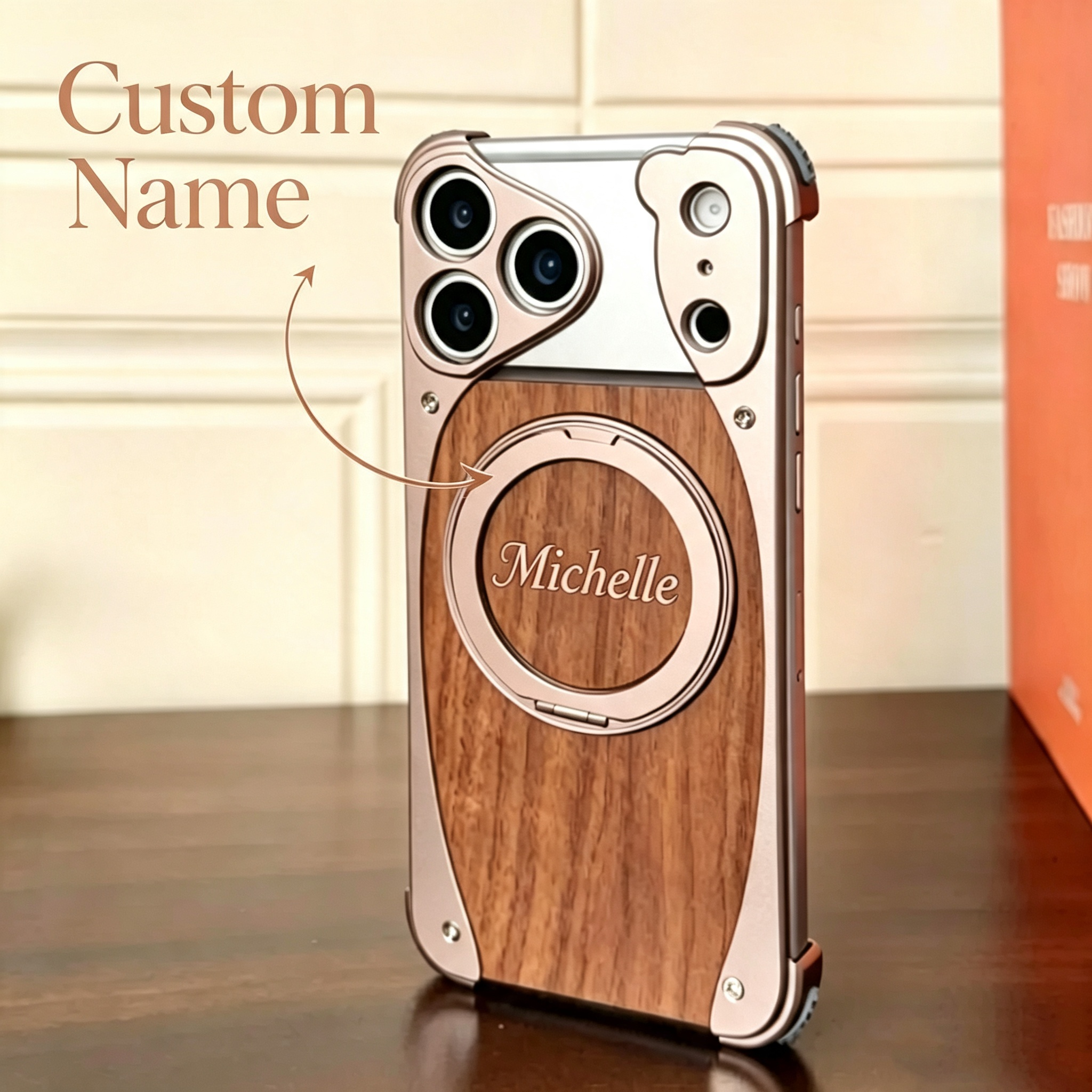 Custom Name Walnut Wood Phone Case Metal Bumper Magnetic Wireless Charging Compatible 360 Rotatable Ring Kickstand Shockproof Heavy Duty Cover Gift for Men