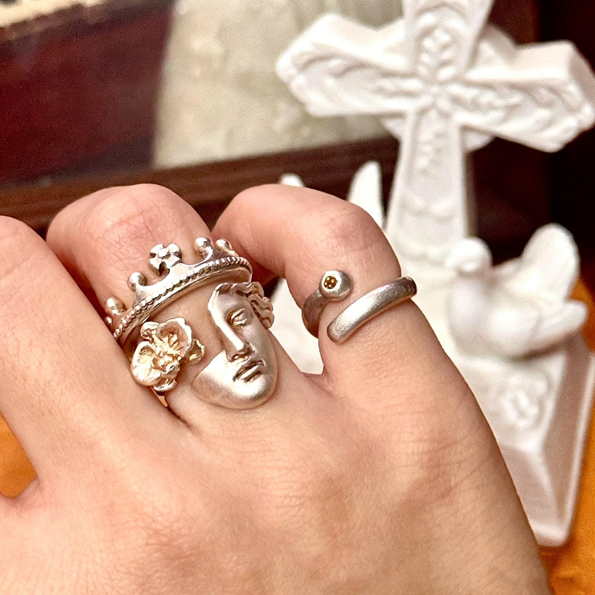 Baroque Half Face Mask Ring for Women - Gothic Crown & Floral Stacked Ring Aesthetic Jewelry