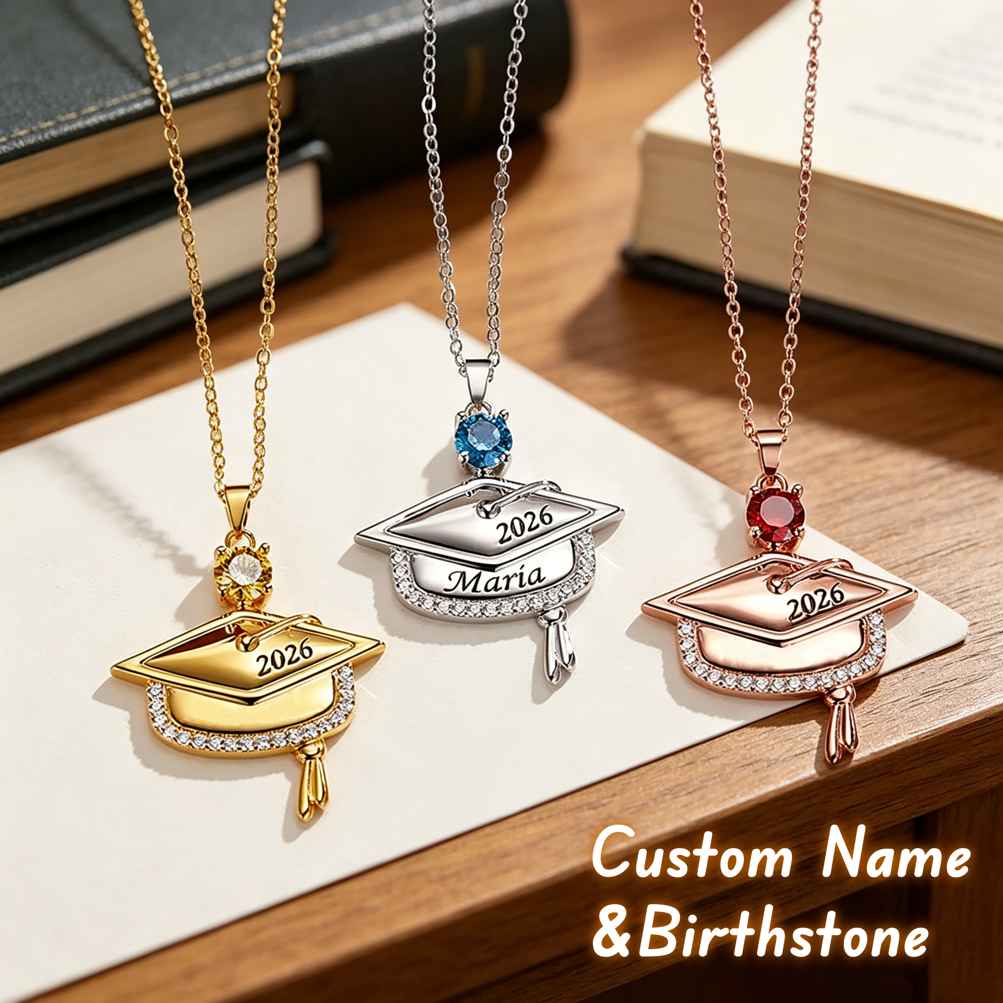 Custom Graduation Cap Necklace, Engraved Name & Birthstone Gift for Class of 2026