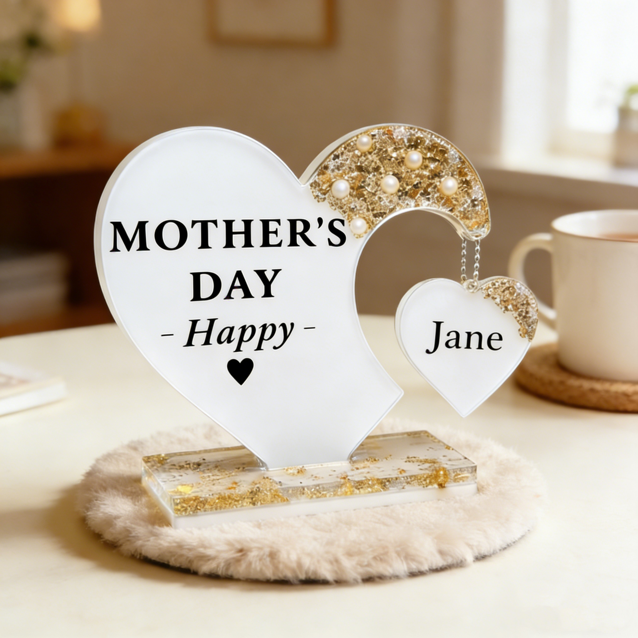 Personalized Resin Heart Desk Plaque Custom Text Decor with Gold Flakes and Pearl Accents Mother's Day Gifts