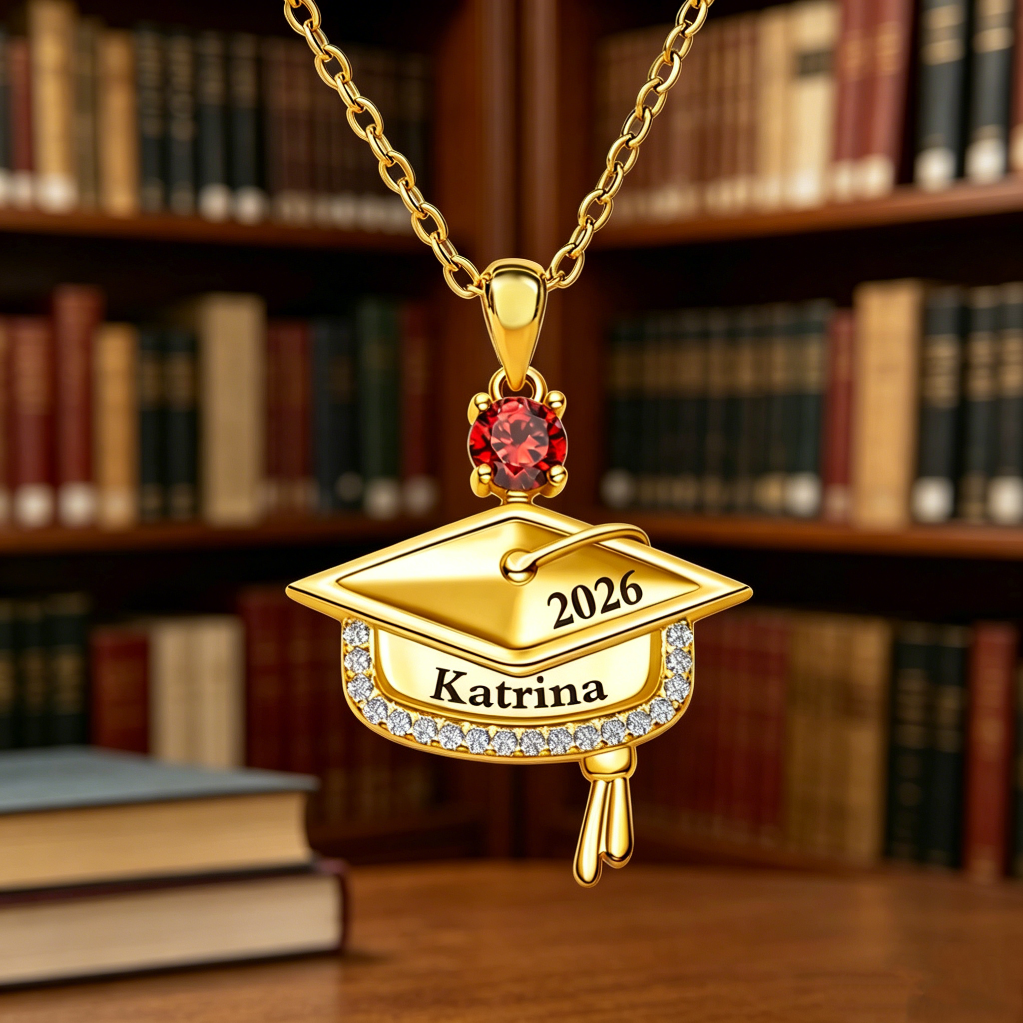 Custom Graduation Cap Necklace, Engraved Name & Birthstone Gift for Class of 2026