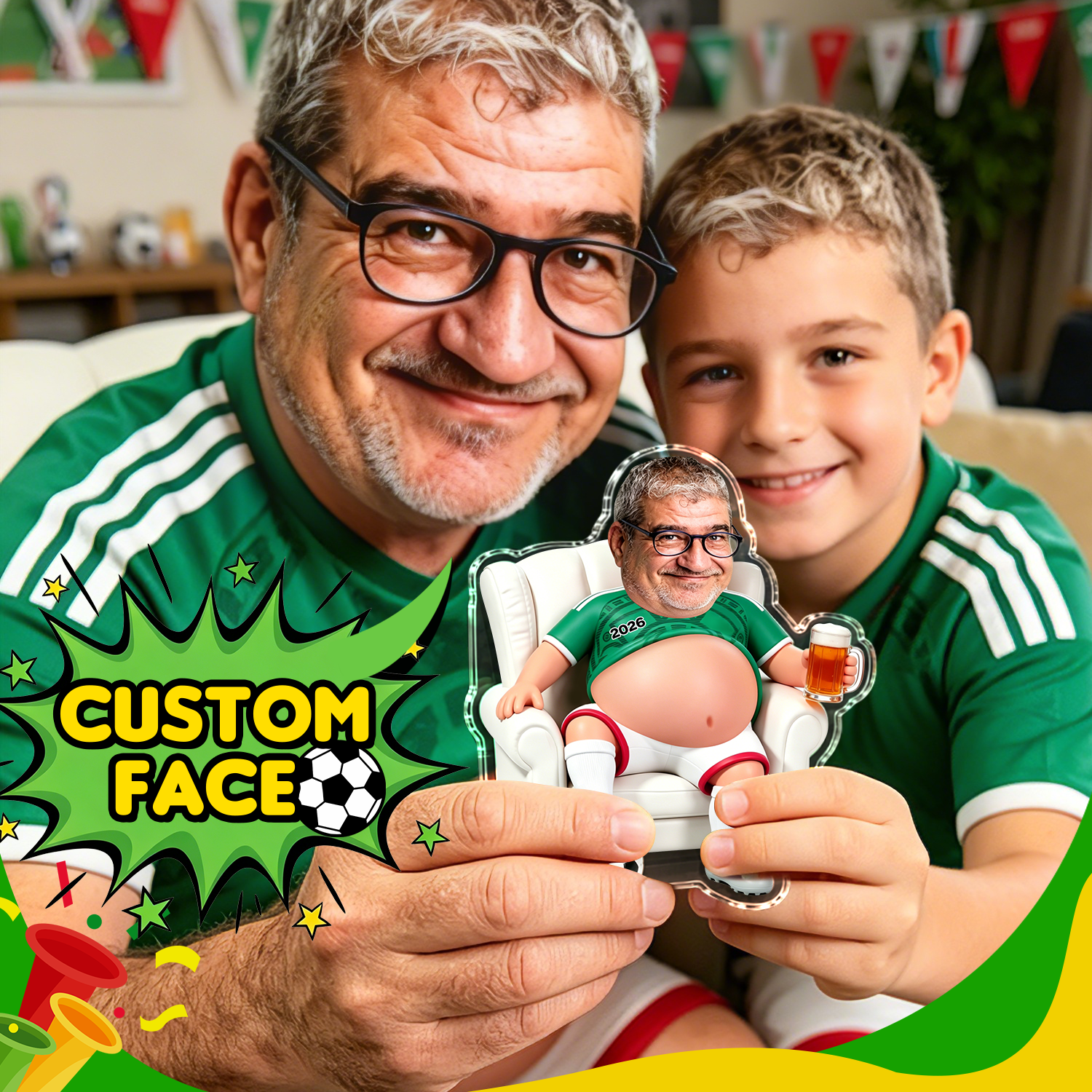 Custom Face Football Fan Squishy Belly Sticker 2-Pack – Personalized Stress Relief Decor 13 Team Jerseys Available