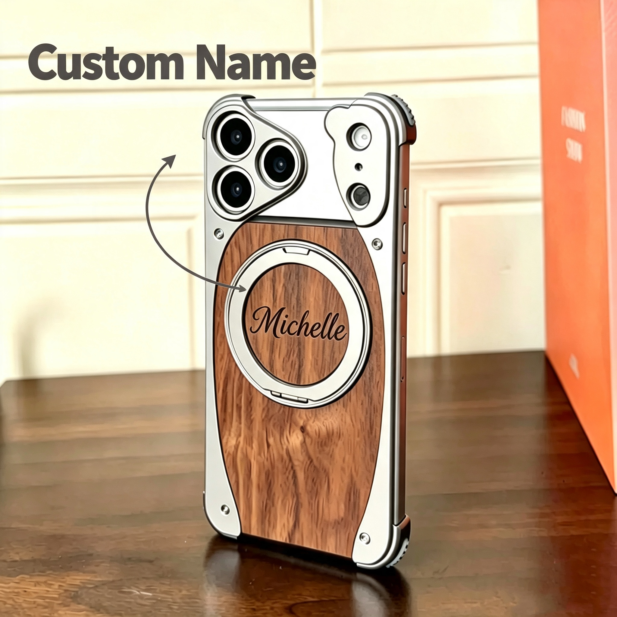 Custom Name Walnut Wood Phone Case Metal Bumper Magnetic Wireless Charging Compatible 360 Rotatable Ring Kickstand Shockproof Heavy Duty Cover Gift for Men