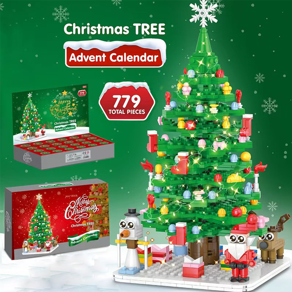 Advent Calendar 2024 Christmas Tree Building Toy Set with LED Light Christmas Countdown Calendar 24 Days Building Block for Kids Adult Creative Gifts for Adults Teens Girls Ages 8+