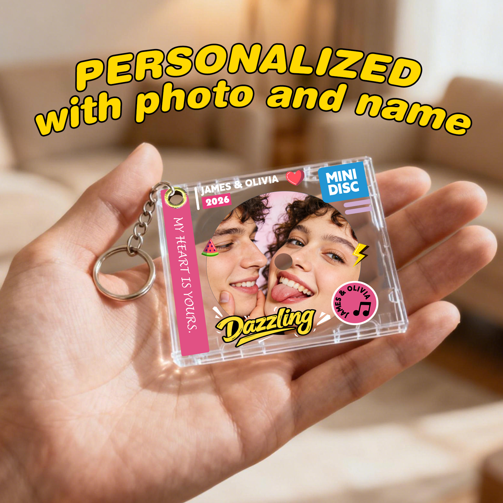 Personalized Acrylic Sliding CD Keychain, Custom Photo, Name & Text Mini Album Pendant