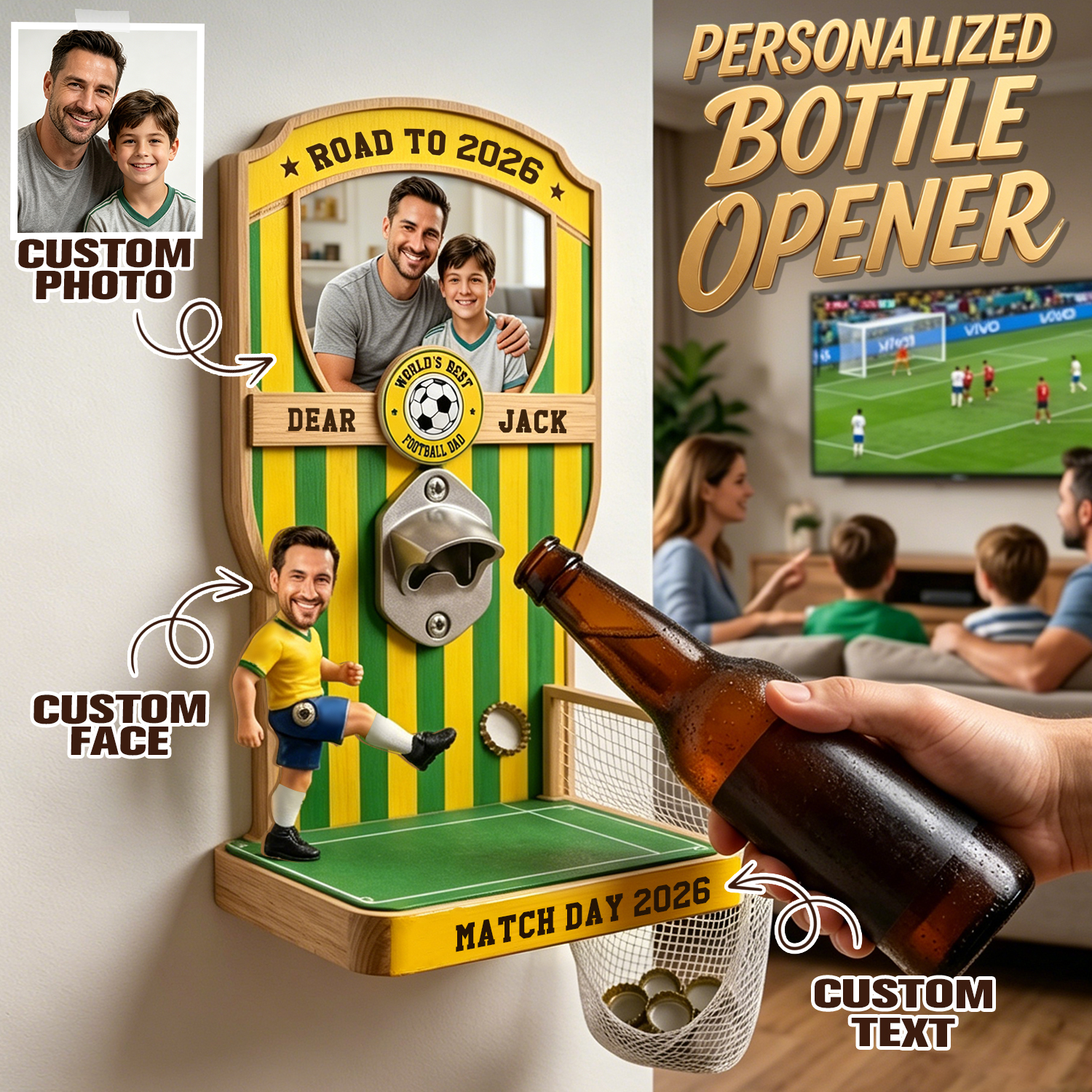 Custom Soccer Beer Opener Wall Decor – Funny Football Goal Bottle Cap Game with Custom Face, Photo & Team Colors Father’s Day Gift