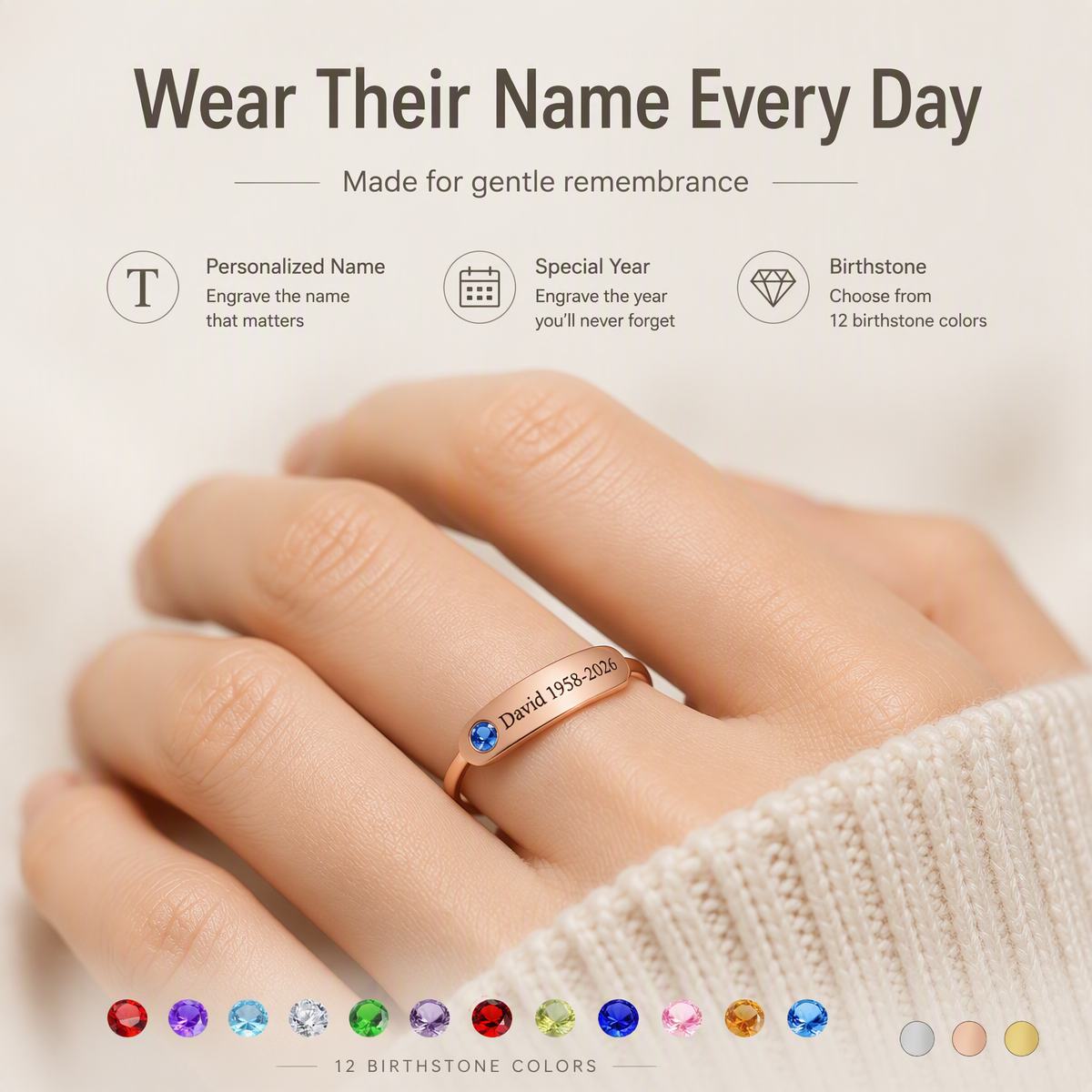 Personalized Birthstone Name Memorial Ring to Remember Someone You Loved detail