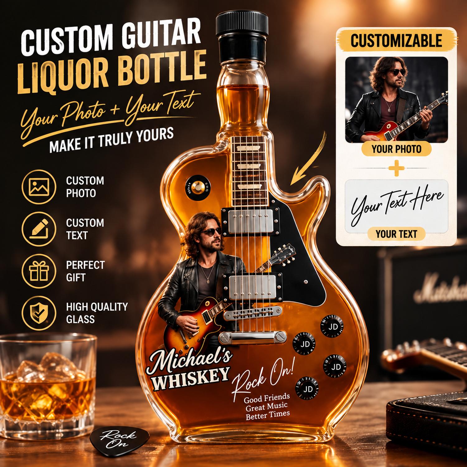 Custom Guitar-Shaped Liquor Bottle – Personalized Photo & Text Whiskey Gift