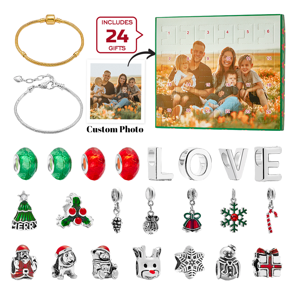 Personalized Photo Jewelry Advent Calendar Photo Charm Christmas Surprise Blind Box Bracelet 24 Calendar Countdown Gift Box Bracelet For Family