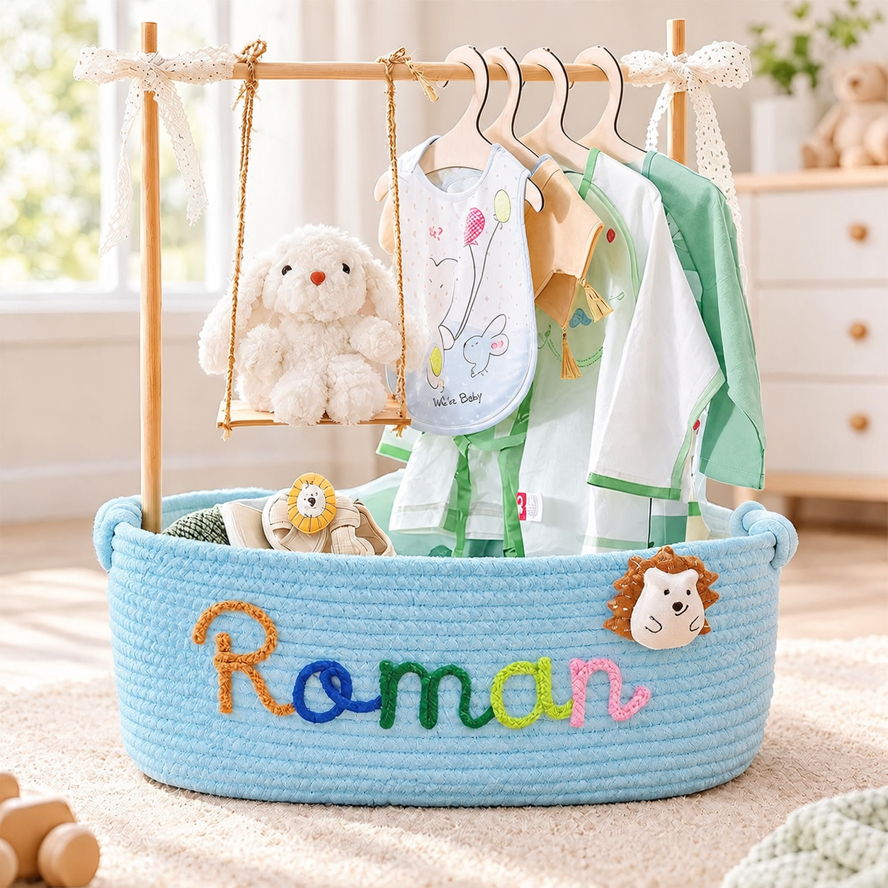 Custom Name Baby Shower Gift Basket – Personalized Baby Gift Set with Swing & Hanger Stand, Newborn Keepsake Gift