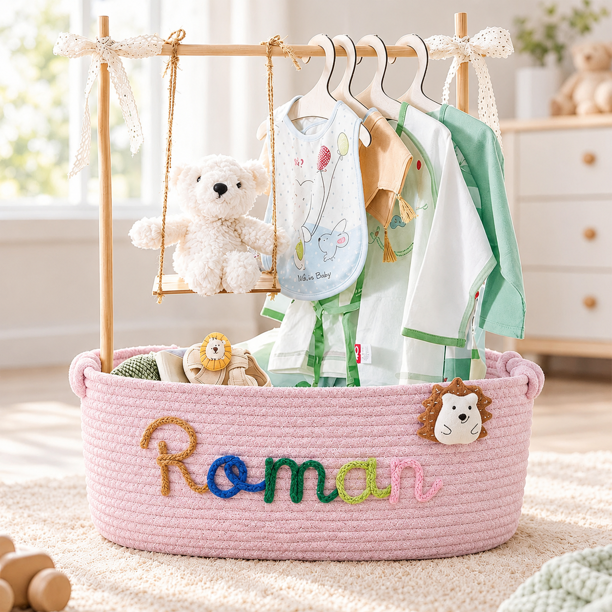 Custom Name Baby Shower Gift Basket – Personalized Baby Gift Set with Swing & Hanger Stand, Newborn Keepsake Gift detail