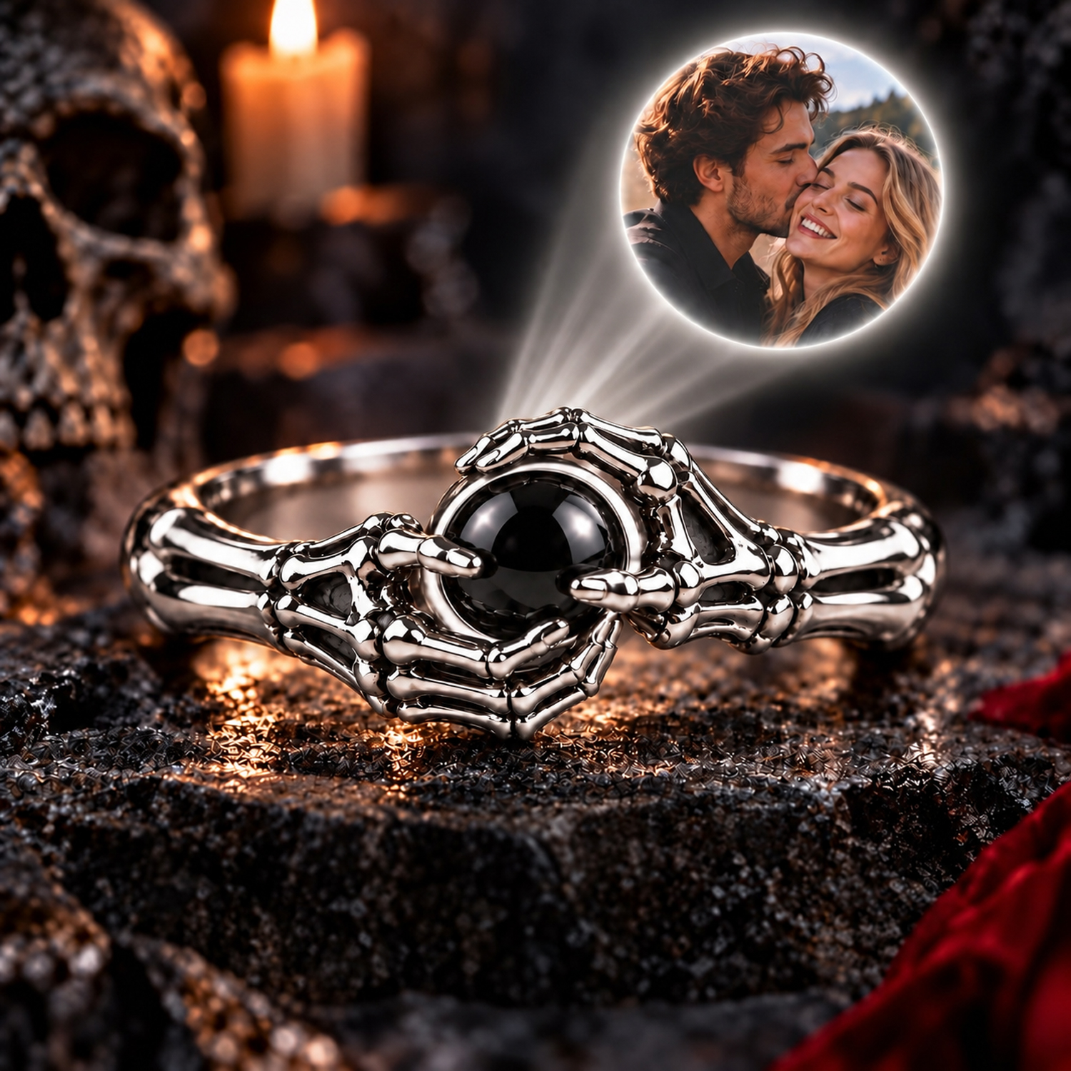 Personalized Skull Photo Projection Ring – Custom Picture 3D Carved 925 Sterling Silver Skull & Bones detail
