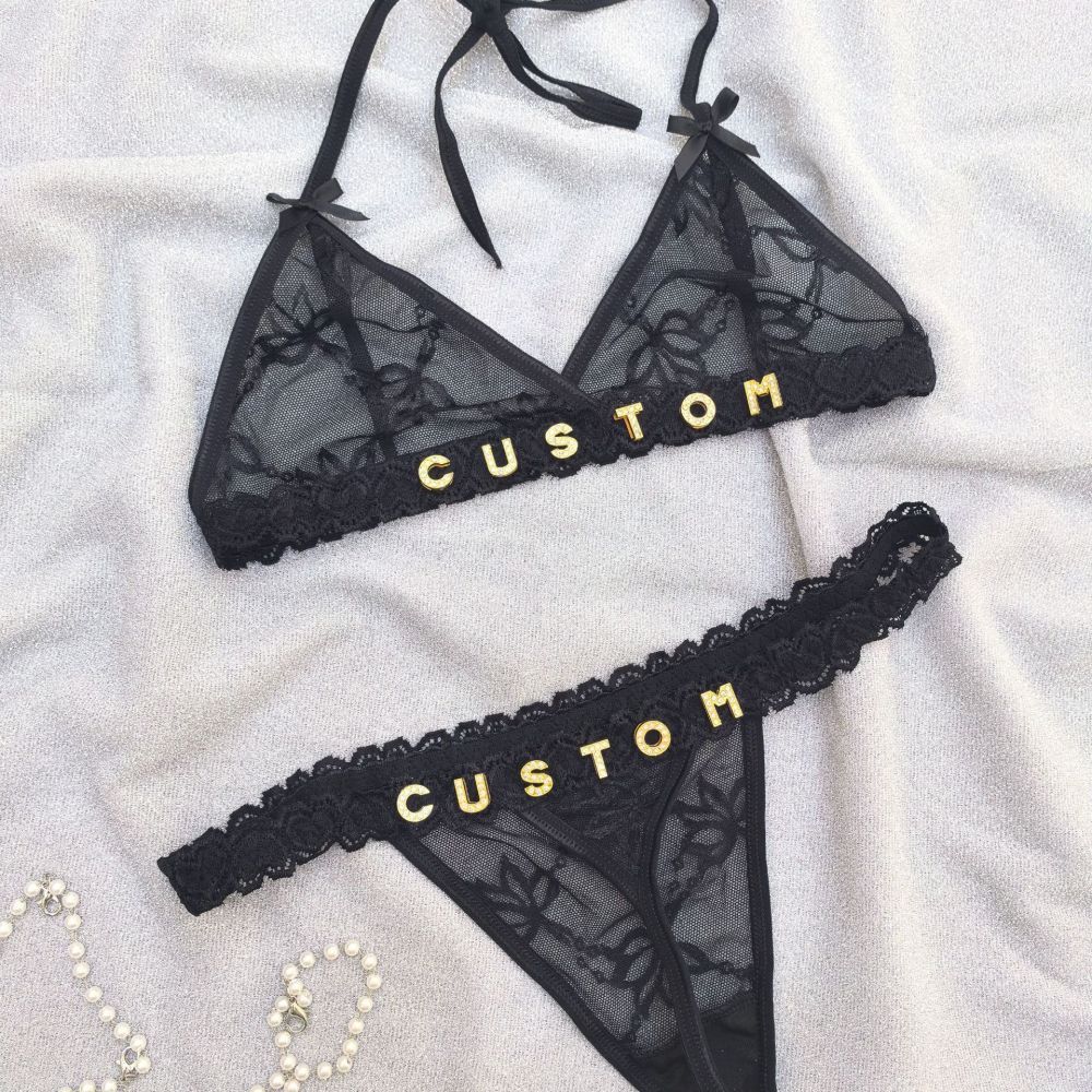 Custom Lace Underwear Set Lingerie And Thongs With Crystal Letter Name